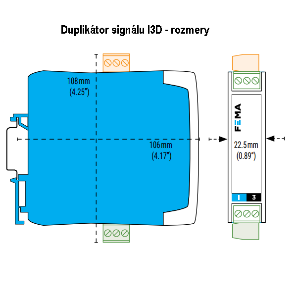 Duplikátor signálu I3D_rozmery_vystup_2x_4-20mA_vstup_4-20mA_alebo_0-10V